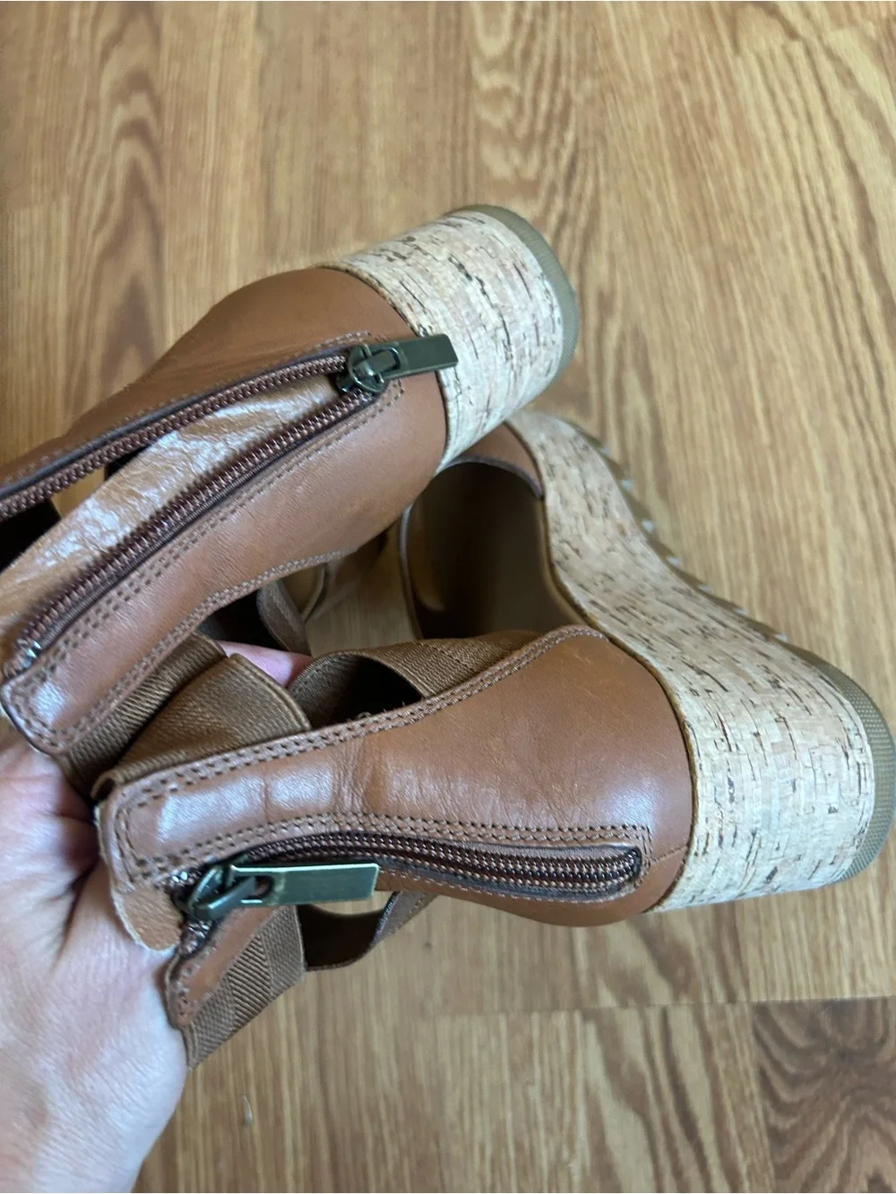 Sorel Cameron Brown Cork Wedge Sandals with Elastic Ankle Straps